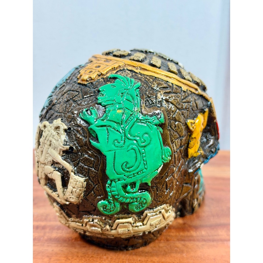 Aztec Mayan Skull Resin Sculpture Calavera Folk Art Day of the Dead Turquoise - Picture 3 of 14